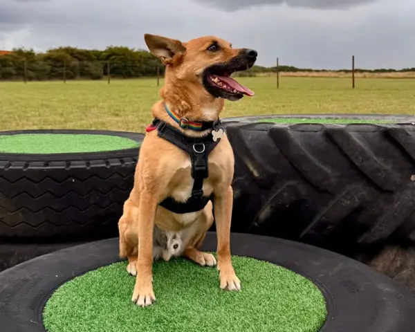 Book our dog park - Vine House Dog Park 11 - Vine House Farm A brown dog sitting on a tyre at Vine House Farm Shop Dog Park