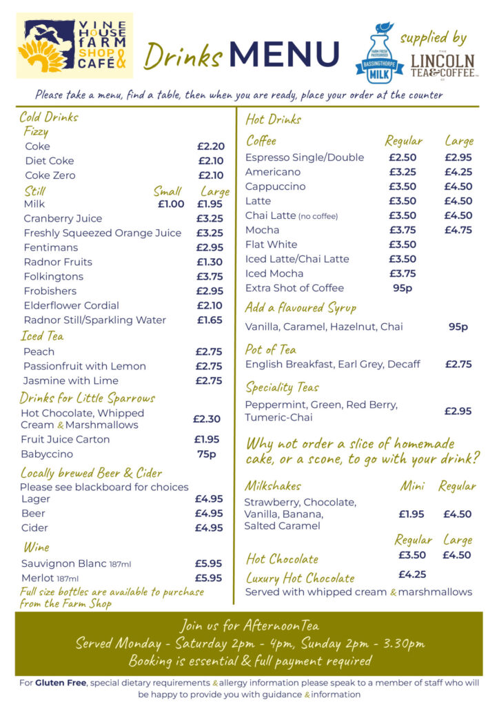 Drinks Menu - café - Vine House Farm